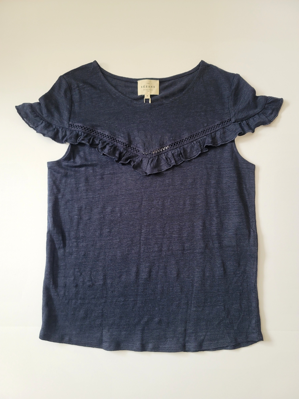 NWT Sezane Coralie Ruffle Detail Navy/Marine Linen T-shirt, M, Parisian Chic